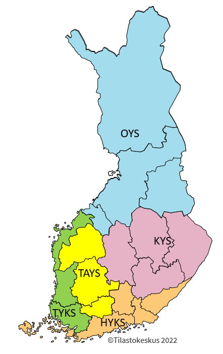 Suomen kartta, jossa näkyy yliopistollisten sairaaloiden erityisvastuualueet