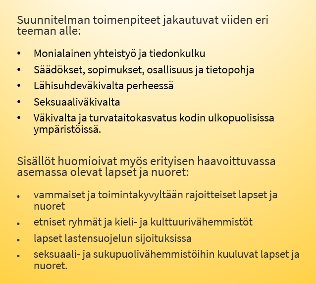 Suunnitelma jakautuu viiteen teemaan ja sisällöt huomioivat myös erityisen haavoittuvassa asemassa olevat lapset ja nuoret.