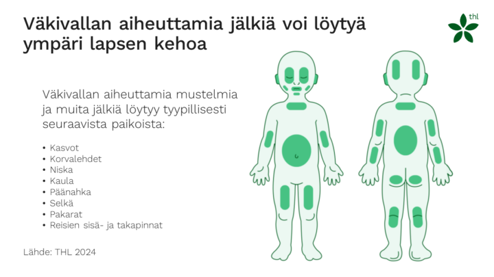 Väkivallan aiheuttamia jälkiä voi löytyä ympäri lapsen kehoa. Väkivallan aiheuttamia mustelmia ja muita jälkiä löytyy tyypillisesti seuraavista paikoista: kasvot, korvalehdet, niska, kaula, päänahka, selkä, pakarat ja reisien sisä- ja takapinnat